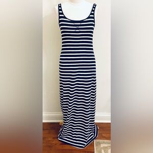 LOFT Navy Blue Cream Striped SZ S Yacht Rock Nautical Preppy Maritime Maxi Dress